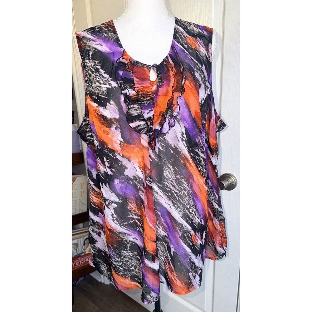 Lane Bryant Womens Blouse 24 Sleeveless Multicolor Plus Size Sheer Ruffle Top
